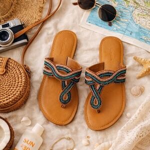 Not Rated Beaded Thong Sandals Teal Bronze Boho Flat Slides Vacation Modcloth